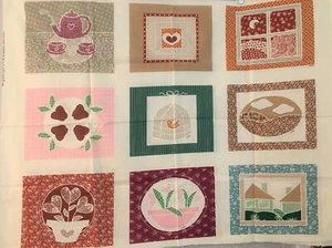 Vtg Faux Applique Patchwork Teapot Hearts Cheater Quilt Pillow Panel Fabric '81 - Picture 1 of 7