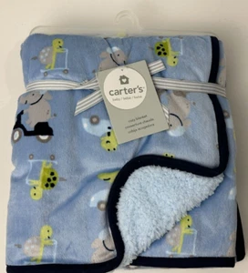NWT Carters Elephants Alligators Scooters Cars Blue Velour Sherpa Baby Blanket - Picture 1 of 7