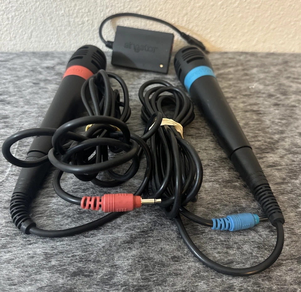 Conjunto de microfones Singstar vermelho e azul SCEH-0001 Sony PlayStation 2 com dongle - Imagem 1 de 4
