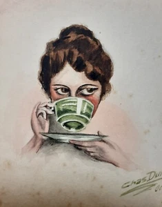 CHIC MINIATURE PORTRAIT GIRL WOMAN DRINKING TEA WATERCOLOUR ART DECO NOUVEAU - Picture 1 of 5