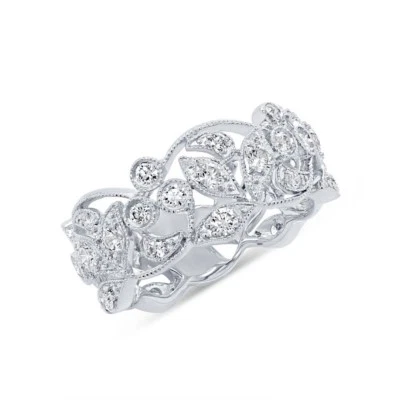 Anillo de oro blanco de 14 quilates con hoja de diamante natural de 1,00 quilates de encaje floral Foto 1 de 3