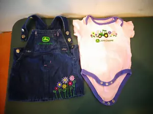 JOHN DEERE TRACTOR INFANT SKIRT DENIM OVERALLS BIB STYLE FLORAL W/T-SHIRT ONE PC - Picture 1 of 5