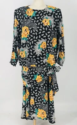 Vestido de Carrera Secretaria Vintage Años 80 Talla 6 Volantes Peplum con Lazo Negro Amarillo Foto 1 de 4