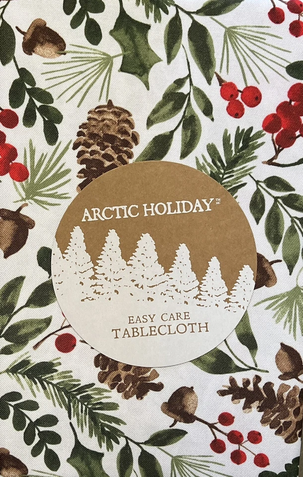 Arctic Holiday Pinecone Acorn Holly Berries Christmas Cloth Tablecloth 70” Round - Image 1 of 1
