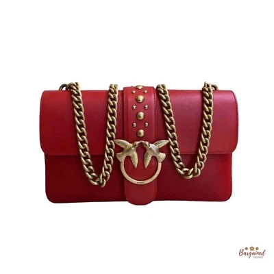 正品 PINKO 红色皮革标志扣翻盖金色链条中号单肩包  — 第 1/4 张图片