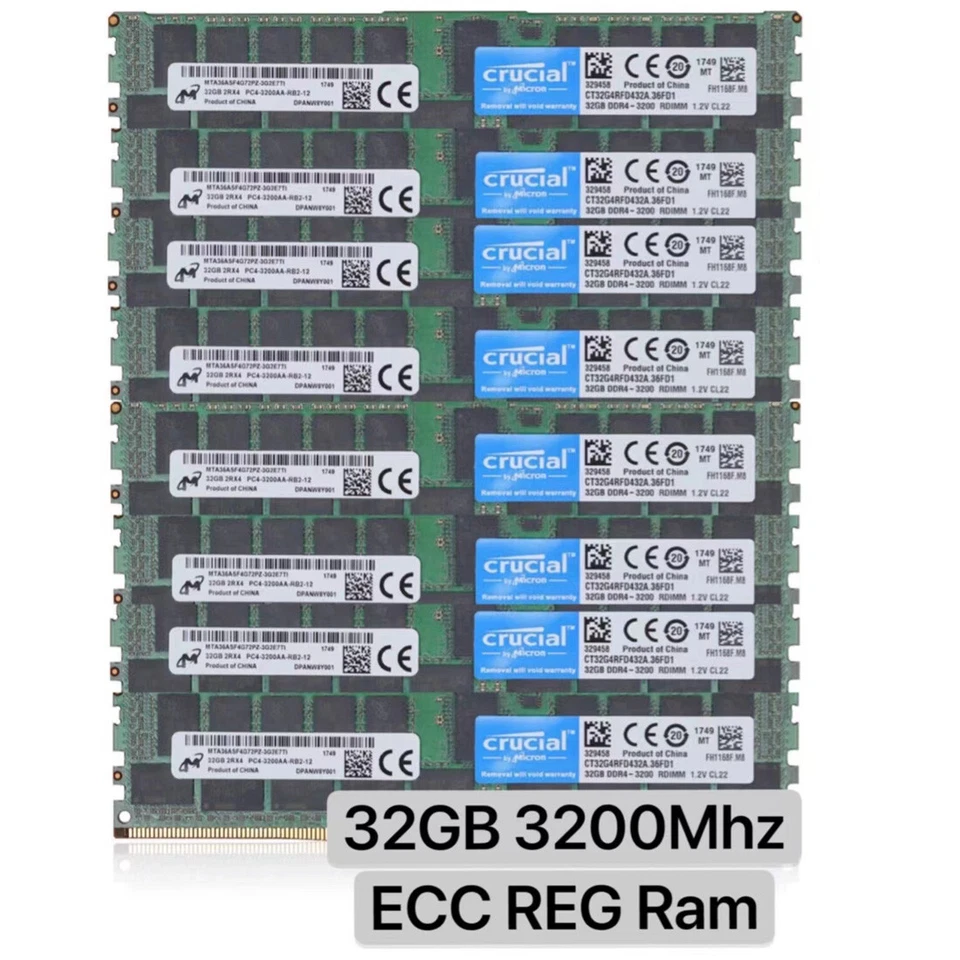 Crucial 256GB 8X32GB 3200MHz DDR4 PC4-25600 ECC Registered Memory CT32G4RFD432A - Image 1 of 1