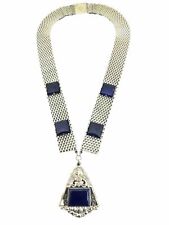 ANTIQUE Victorian Molded Glass Blue Mesh Art Deco Detail Vintage Necklace Choker