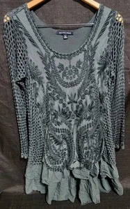 Saks Fifth Avenue Tunic Stretch Knit Embroidered Lace Mesh Top Gray Silk Boho SM - Picture 1 of 10