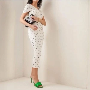 Self-Portrait Ivory Polka Print Jersey Off the Shoulder Midi Dress US10 NWT - Picture 1 of 12