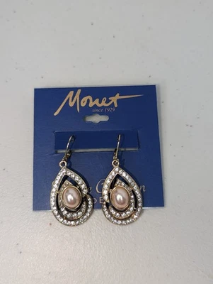Pendientes Monet Tono Oro Perla Simulada Lágrima Blanco Estrás Palanca Foto 1 de 4