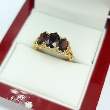 Vintage 9ct Solid Yellow Gold Natural Large Oval Garnet Trilogy Ring - Size P
