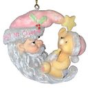 Vintage Sleeping Baby&#39;s First Christmas Ornament Crescent Moon Bear In Pink Cap