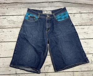 Y2K Clench Baggy Embroidered Hip Hop Skater Wide Leg Denim Jean Shorts - Sz 38 - Picture 1 of 13