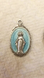 Wundertätige Medaille Maria empfangen ohne Sünde beten für uns STERLING BLAU EMAILLE Vintage - Bild 1 von 3