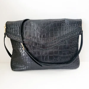 Cynthia Rowley Black Croc Leather Envelope Crossbody Clutch Bag 12" L x 9" Ht - Picture 1 of 10