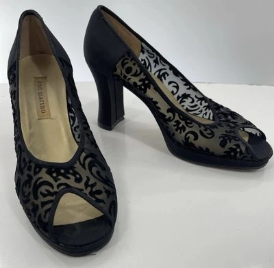 Zapatos elegantes de tacón Ann Marino de malla negra de terciopelo con puntera abierta talla 8 formales Foto 1 de 4