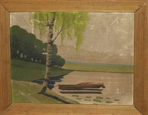 Vintage impressionist gouache painting lake landscape - Picture 1 of 10