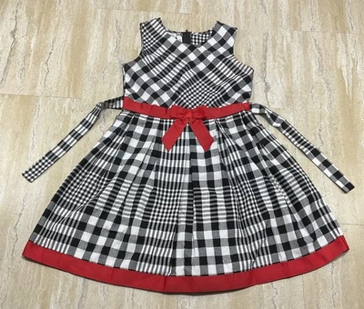 Bonnie Jean Girls Size 14 Reg Black White Check Plaid Red Trim Dress Holiday  - Image 1 of 4