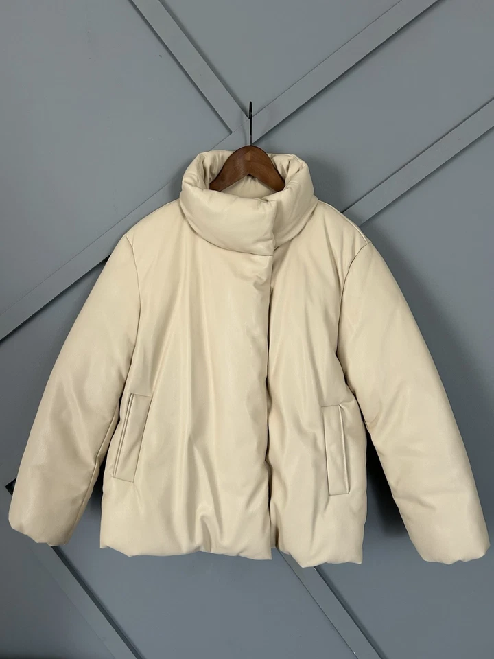 MNG Mango Beige Faux Leather Puffer Jacket, Size XS - Stylish & Warm - Image 1 of 4