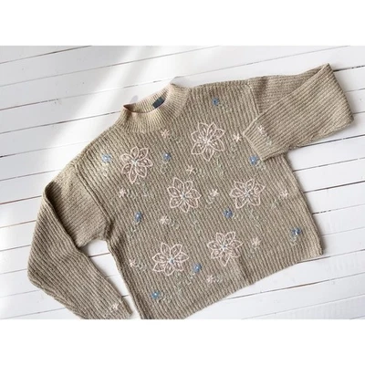 Suéter vintage años 90 Liz Claiborne beige marrón floral cuello falso Foto 1 de 4