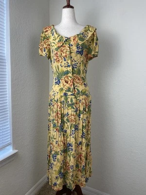 Vtg 70s Peter Pan Collar Midi Dress Pleated Floral Garden Party Donna Ricco 10 - Image 1 of 4