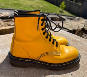 DOC DR MARTENS England 1460 Yellow Leather Boots Size US Women's 10 - Men's 9 - Picture 1 of 14