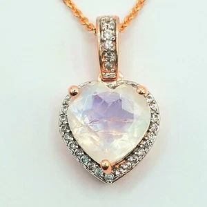 Moon Glow Moonstone & Zircon Heart Pendant RG Over Sterling Silver & 20" Chain - Picture 1 of 8