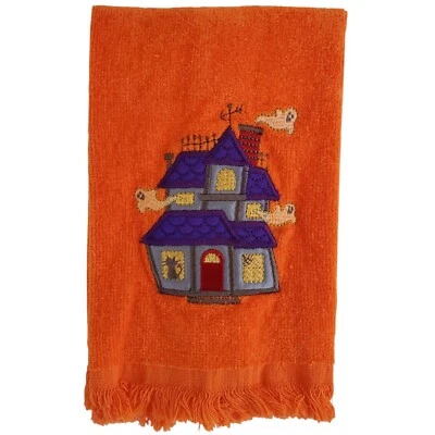 Halloween FINGERTIP TOWEL Bath Orange Fringed Haunted House Ghosts 11" x 16" - Image 1 of 4