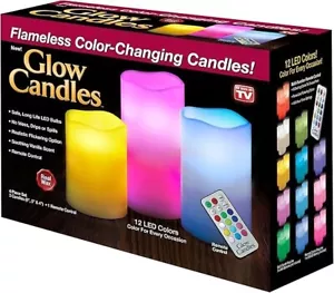 GLOW CANDLES Flameless Color-Changing Real Wax 12 LED Colors 3 Candles + Remote - Picture 1 of 9