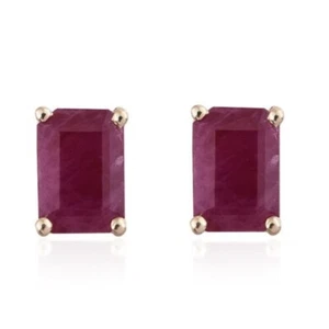Emerald Cut African Ruby Solitaire Stud Earrings in 14K Rose Gold Plated Silver - Picture 1 of 2