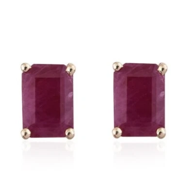 Brincos solitário de rubi africano corte esmeralda em prata folheada a ouro rosa 14K - Imagem 1 de 2