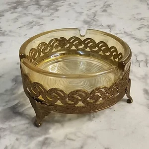 Vintage Clear Glass Ash Tray With Gold Tone Filigree Caddy 3 Spots  - Picture 1 of 4