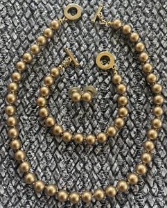 Vtg CAROLEE SET Gold Pearl Necklace Bracelet Earrings Hand Knotted Toggle Clasps - Picture 1 of 7