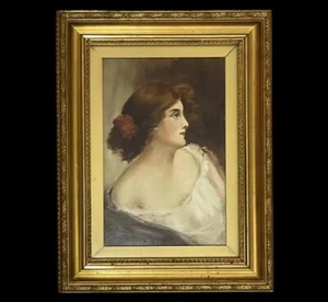 Antique Oil On Canvas Profile Painting Of An Edwardian Lady In Giltwood Frame - Picture 1 of 7