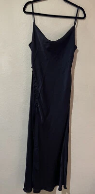 NWT NASTY GAL Black Satin Maxi Slip Dress Side Button Down Slit Sz L Cowl D9 - Изображение 1 из 4