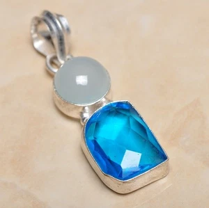 Elegant Handmade Blue Topaz 925 Sterling Silver Pendant 1.75" #P05525 - Picture 1 of 1