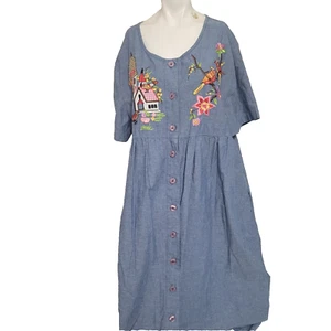 Go Softly Patio XL Dress embroidered flower birds chambray button pleated pocket - Picture 1 of 14