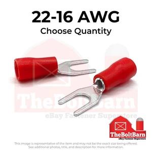 Red PVC/Vinyl #10 Fork Crimp Connectors Terminals, AWG 22-16 - Picture 1 of 7