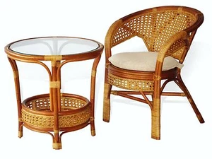 Pelangi Lounge Set of Round Table and Chair Handmade Rattan Wicker, Cognac - Picture 1 of 7