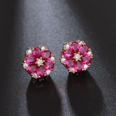Rose Gold Plated Sparkling Hot Pink Fuchsia CZ 10mm Dainty Flower Stud Earrings - Image 1 of 4
