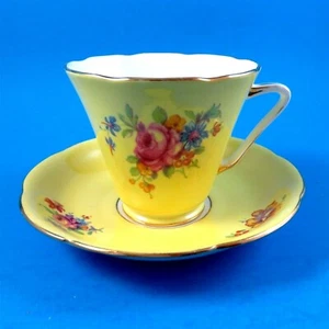 Art Deco Yellow and Floral Royal Grafton Tea Cup and Saucer Set - Picture 1 of 4