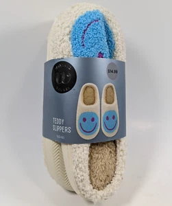 Wayland Square Teddy Slippers Blue Smiley Face Women’s Size Small (5-6) New - Picture 1 of 3