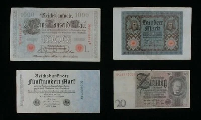 1910-1929 Germany 4-Notes Set // German Empire 1000 & Weimar 20, 100 & 500 Mark - Image 1 of 3