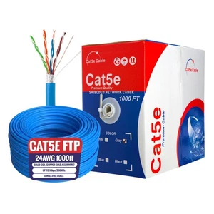 Cable Ethernet CAT5e FTP 1000 pies 24 AWG red LAN blindada sólida cable a granel azul - Imagen 1 de 9