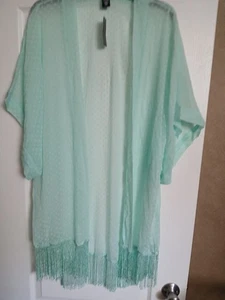 Neu mit Etikett MixIt Damen-Kimono Einheitsgröße Yucca grün Schweizer Punkte mit Fransen Schwimmen Überwurf - Bild 1 von 8