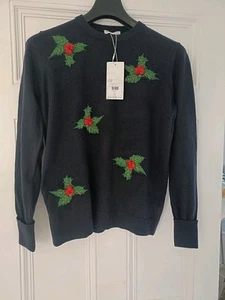 Warehouse Navy Holly Christmas Jumper Size 12 - Picture 1 of 3