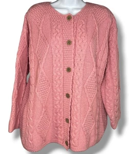 Connemara Strickjacke Schurwolle Zopfmuster Gr. L rosa Knopf Irish Boxy Cottage - Bild 1 von 6