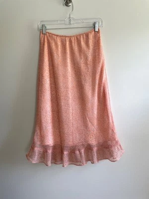 Y2K Pierre Cardin Peach Ditsy Skirt Womens 12 Peach Floral Ruffle Fairy Whimsy - Image 1 of 4