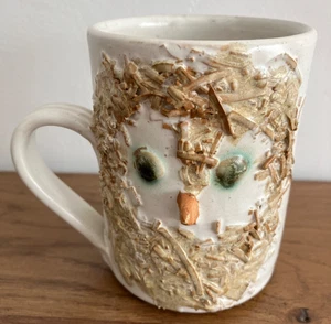 Hand Made Studio Art Pottery Mug feat. Owl Bird Raised Design - Picture 1 of 7