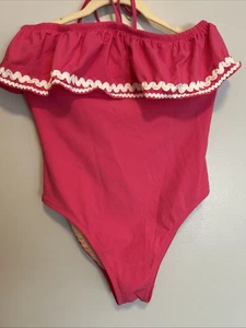 J Crew Damen Badeanzug 8 Rosa Rüschen Bandeau Zackenlitze Einteiler Swimsuit - Bild 1 von 7